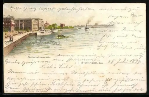 Lithographie Stockholm, Nationalmuseum vom Wasser aus