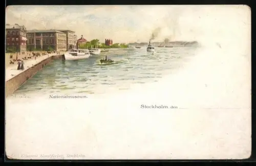Lithographie Stockholm, Nationalmuseum, Ansicht vom Wasser aus