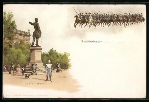 Lithographie Stockholm, Carl XII staty, Kavallerie