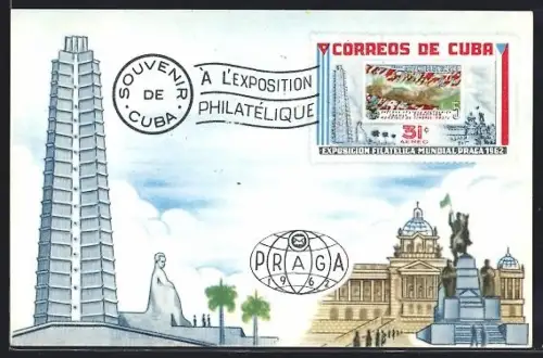 AK Habana, José-Martí-Denkmal, Exposition Philatelique Praga 1962, Kubanische Briefmarke, Ausstellungsgebäude Prag