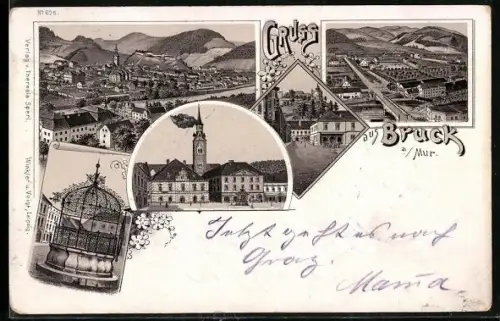 Lithographie Bruck an der Mur, Eiserner Brunnen, Ortspartien, Gesamtansicht