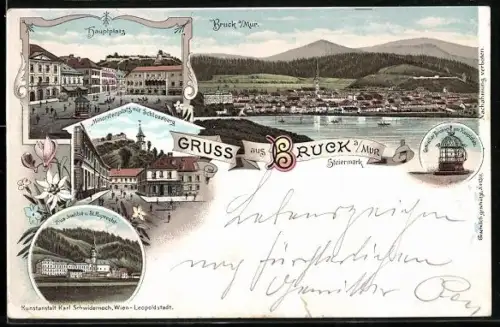 Lithographie Bruck an der Mur, Hauptplatz, Minoritenplatz mit Schlossberg, Pius Institut