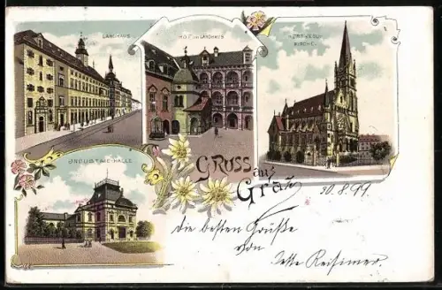 Lithographie Graz, Landhaus, Hof im Landhaus, Herz-Jesu-Kirche, Industrie-Halle