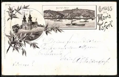 Lithographie Maria Taferl, Kirche Maria Taferl, Ansicht von Maria Taferl und Marbach