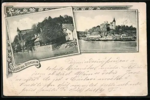 AK Ottensheim, Riener`s Gasthof Zur Traube, Raddampfer auf der Donau