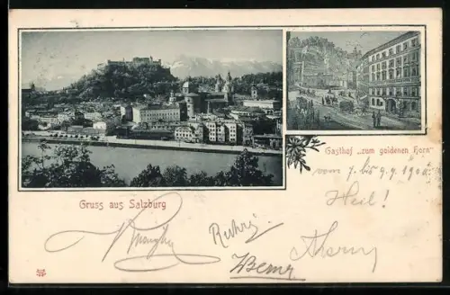 AK Salzburg, Gasthof zum goldenen Horn, Ortsansicht