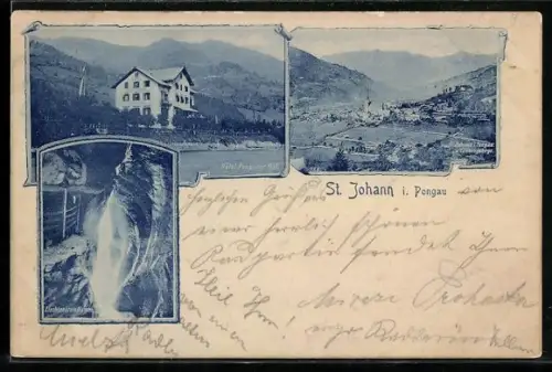 AK St. Johann i. Pongau, Hotel Pongauer Hof, Ortsansicht mit Tännengebirge, Liechtensteimklamm