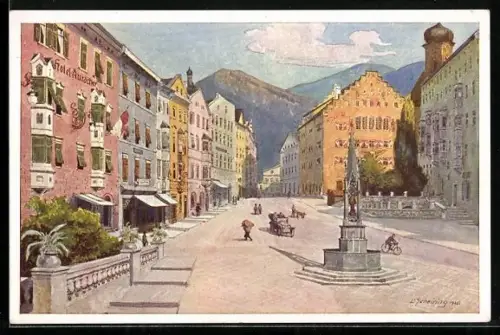Künstler-AK Kufstein, Unterer Stadtplatz mit Rathaus und Hotel Auracher