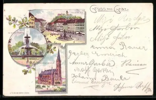 Lithographie Graz, Herz-Jesu-Kirche, Hauptplatz, Im Stadtpark