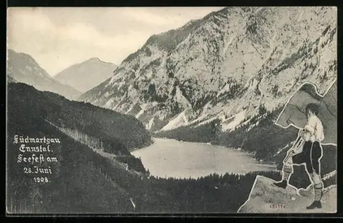 AK Ennstal /Südmarkgau, Seefest 1908, Panorama, Mann mit Fahne