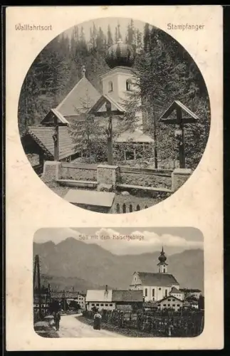 AK Söll /Tirol, Stampfanger Kirche, Söll mit dem Kaisergebirge