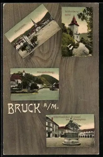AK Bruck a. M., Hauptplatz, Altertümlicher Brunnen, Schlossbergturm, Mürzmündung