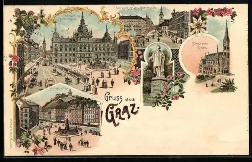 Lithographie Graz, Hauptplatz, Rathaus & Herrengasse, Herz-Jesu-Kirche
