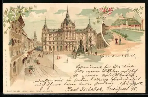 Lithographie Graz, Pferdebahn auf dem Markt & Ortsansicht