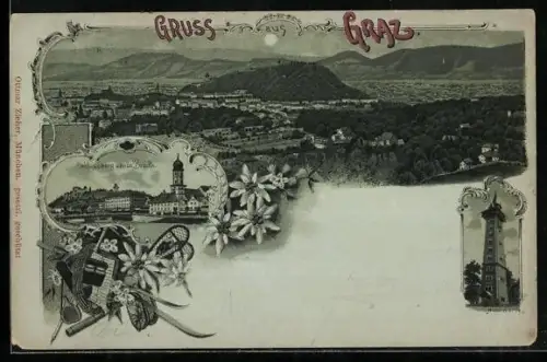 Mondschein-Lithographie Graz, Panorama, Schlossberg und neue Brücke, Hilmwarte