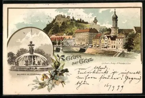 Lithographie Graz, Teilansicht, Brunnen am Stadtpark