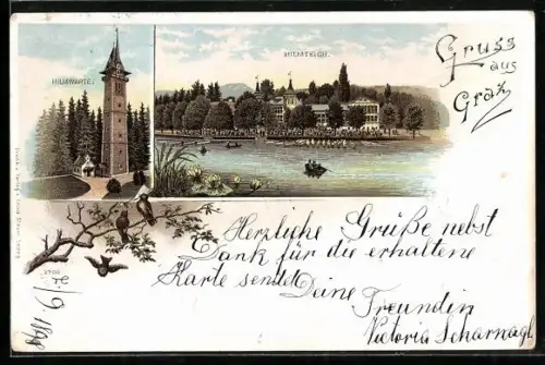 Lithographie Graz, Hilmwarte, Ruderbootpartie auf dem Hilmteich