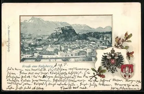 Lithographie Salzburg, Teilansicht mit Festung Hohensalzburg, Wappen, Passepartout