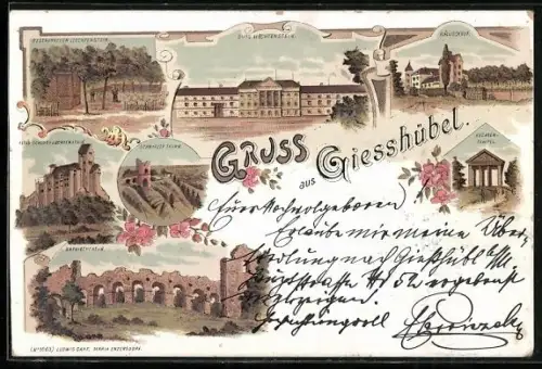 Lithographie Giesshübl, Wällischhof, Burg Liechtenstein, Amphitheater