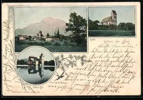 AK Anif, Totalansicht, Kirche, Uferpartie mit Schloss