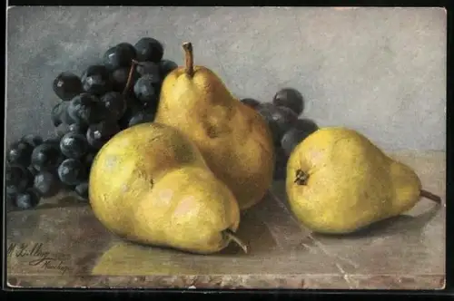 Künstler-AK M. Billing: Stillleben, Birnen neben Weintrauben
