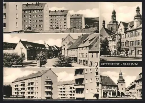 AK Hettstedt / Südharz, Ortsteil Schild, Marktplatz mit Rathaus, Blick zum Saigertor