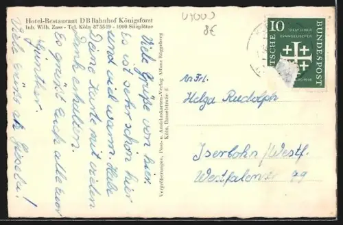AK Köln-Rath, Hotel-Restaurant DB Bahnhof Königsforst, Inh. Wilh. Zass