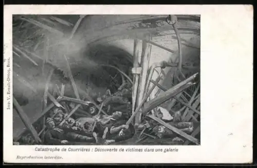AK Courrières, Catastrophe de Courrières, Découverte de victimes dans une galerie, Grubenunglück 1906, Kohle
