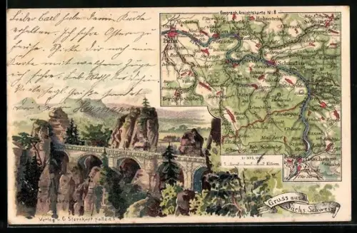 Lithographie Bastei, Panoramamit Basteibrücke, Landkarte der Sächsischen Schweiz