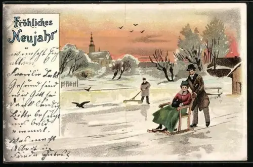 Lithographie Mann auf Schlittschuhen schiebt seine Geliebte auf einem Schlitten, Neujahr