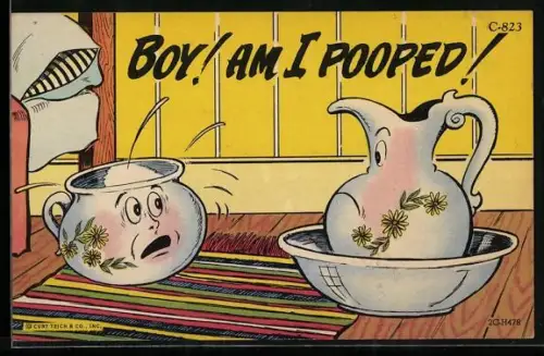 Künstler-AK Erschrockene Nachttöpfe mit Gesichtern, Boy! Am I Pooped