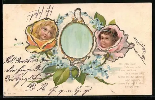 Lithographie Rosen mit Kindergesichtern und Vergissmeinnicht