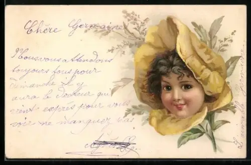 Lithographie Gelbe Blume mit Kindergesicht