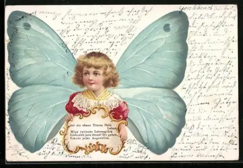 Lithographie Sei ein süsser Traum Dein Leben... mit Schmetterlingsflügeln
