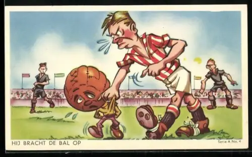 Künstler-AK Wütender Fussballspieler hält den vermenschlichten Ball am Oberteil fest