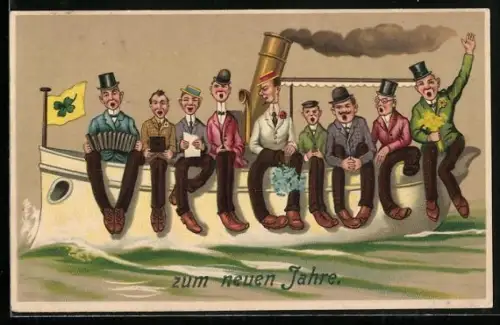 AK Musizierende Männer feiern das Neujahr auf einem kleinen Dampfer