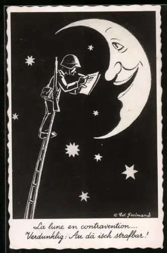 Künstler-AK Soldat unterhält sich mit dem Mond