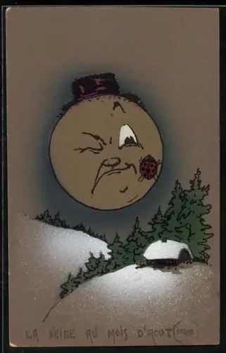 Künstler-AK Mondgesicht mit einem Mariechenkäfer über einer Schneelandschaft