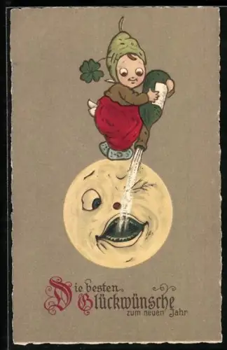 Künstler-AK Kleines Kind giesst dem Mond Sekt in den Mund