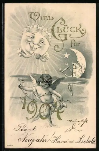 Lithographie Mond und Sonne rollen Wolle in ein Knäul, Engel mit Jahreszahl 1904
