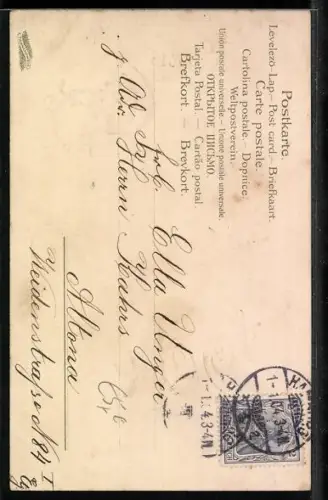 Lithographie Mond und Sonne rollen Wolle in ein Knäul, Engel mit Jahreszahl 1904