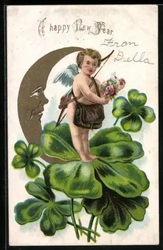 Lithographie Mondsichel mit Gesicht, Amor mit Brief auf Kleeblättern