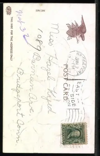 Lithographie Mondsichel mit Gesicht, Amor mit Brief auf Kleeblättern