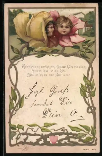 Lithographie Gelbe und rosane Rose mit Kindergesichtern vor einem Haus