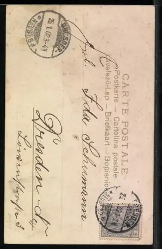 Lithographie Gelbe und rosane Rose mit Kindergesichtern vor einem Haus