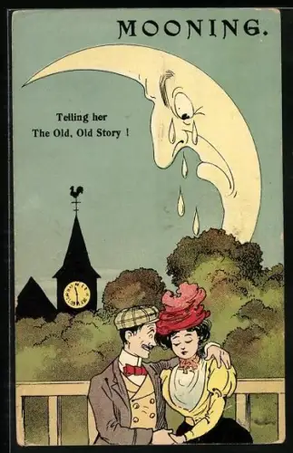 Künstler-AK Trauriger Mond beobachtet ein Paar in einem Park