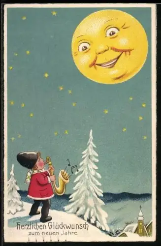 Künstler-AK Mond beobachtet ein Kind beim musizieren im Schnee