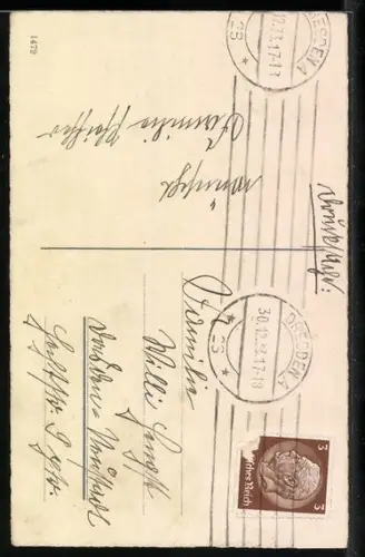 Künstler-AK Mond beobachtet ein Kind beim musizieren im Schnee