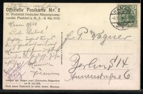 Künstler-AK Frankfurt a. M., IV. Wettstreit Deutscher Männergesangsvereine 1913, Sängerfest