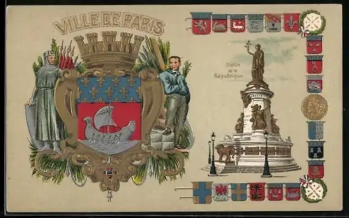 AK Paris III, Ville de Paris, Statue de la Republique, Wappen, Segelschiff